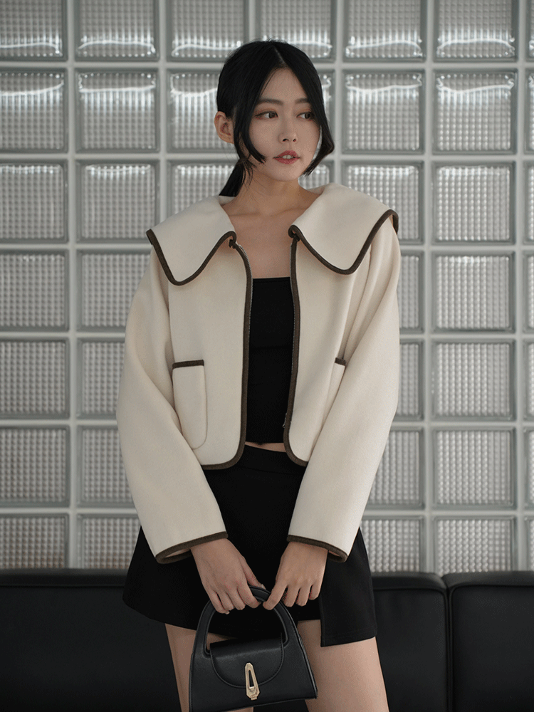 滾邊撞色造型毛呢外套