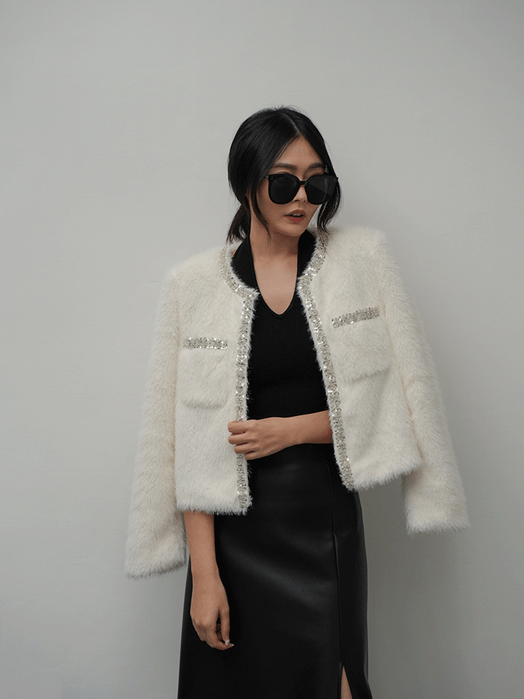 質感亮片滾邊毛毛外套