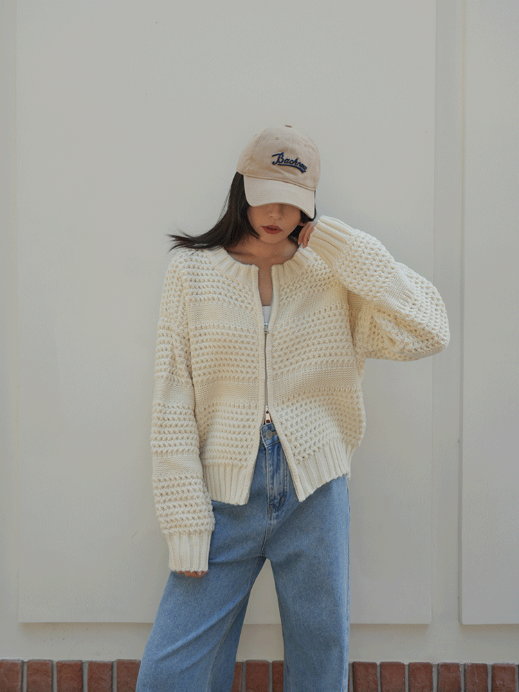 時髦粗針織雙拉鍊外套