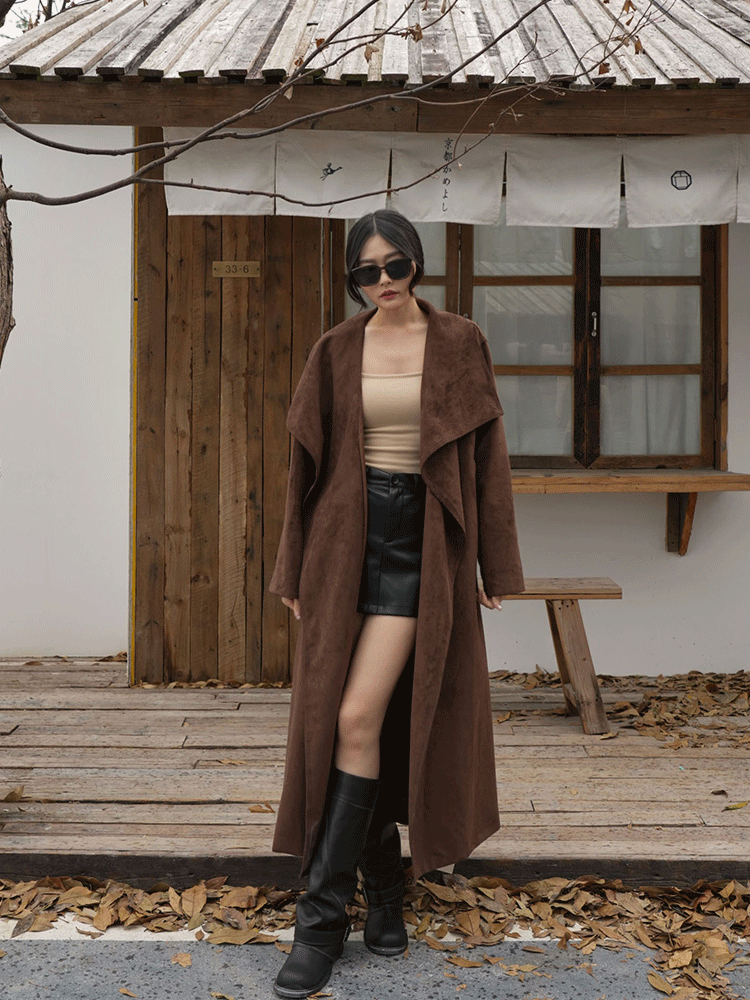 質感麂皮翻領長版風衣