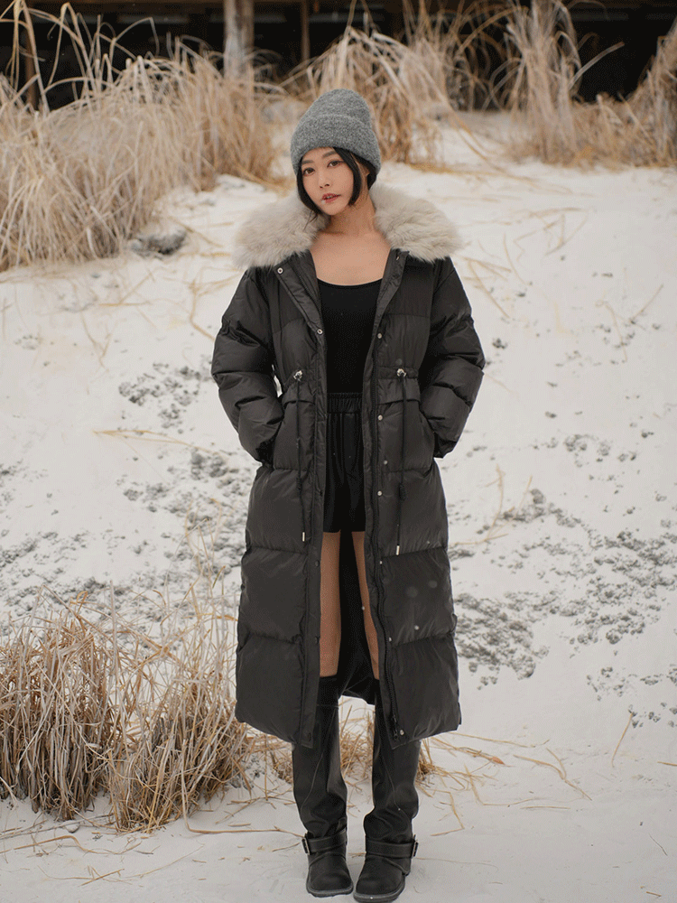 縮腰長版鋪棉外套(毛領可拆)