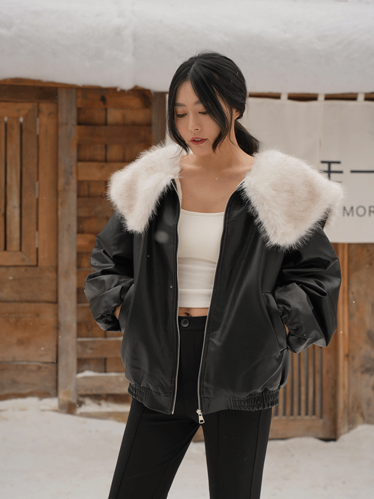 保暖內刷毛翻領皮革外套