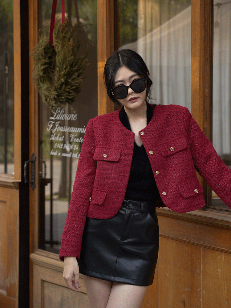 時髦紅色小香毛呢外套