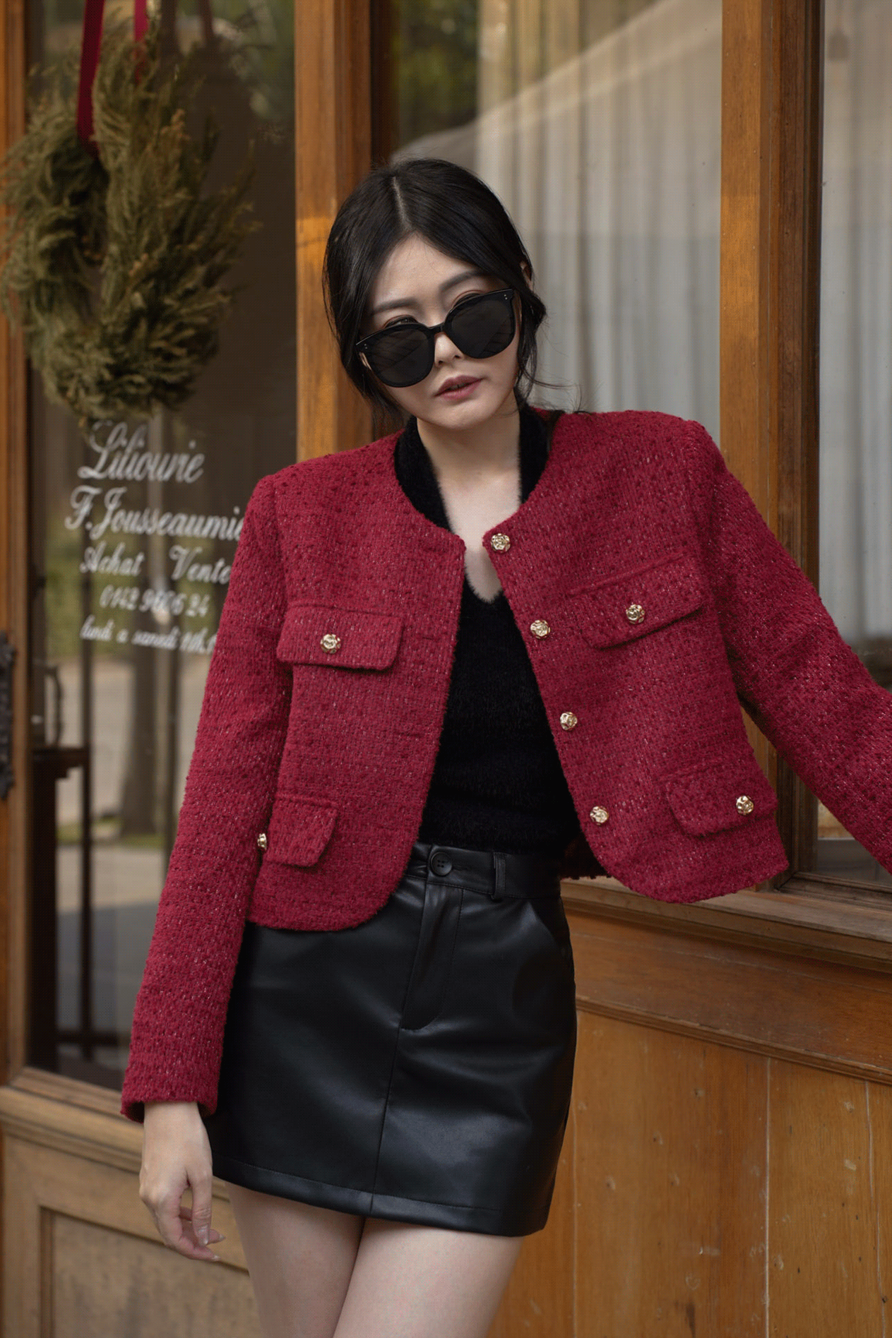 時髦紅色小香毛呢外套