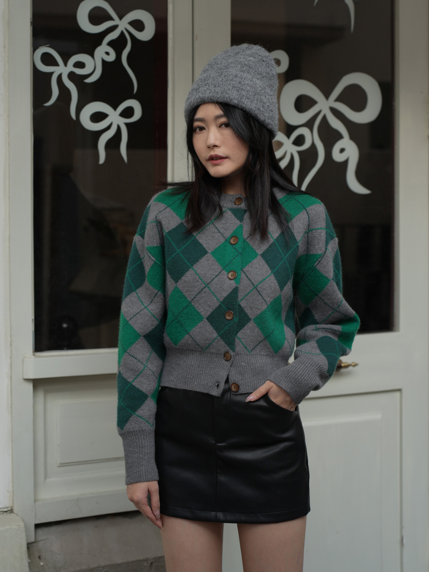 菱格針織排釦上衣外套