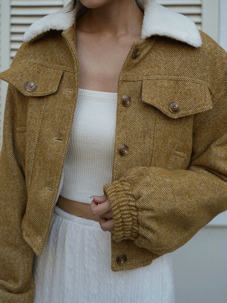 毛呢斜紋羊羔毛短版外套