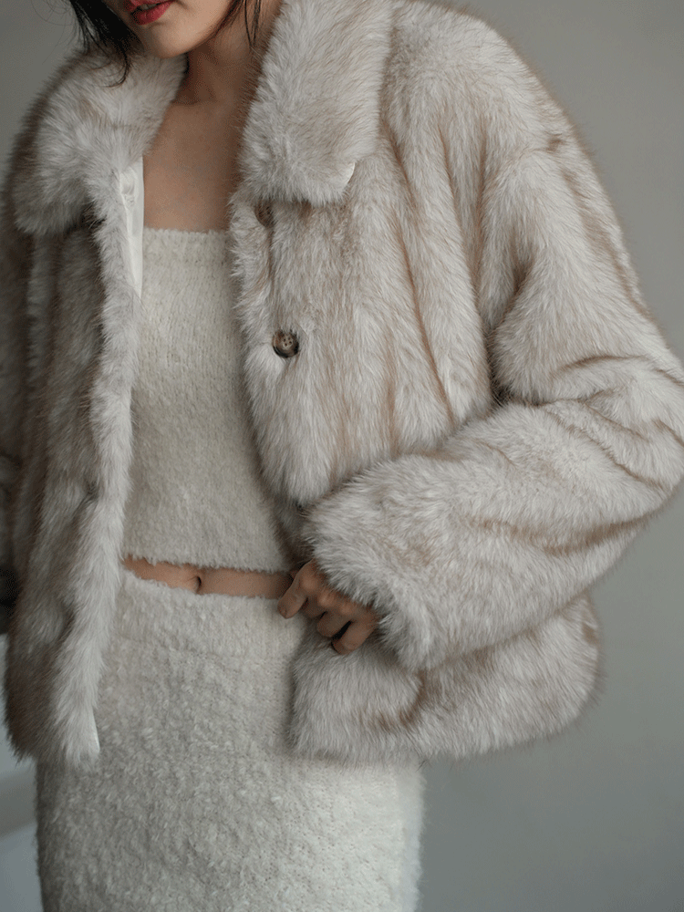 質感混色毛毛翻領排釦外套