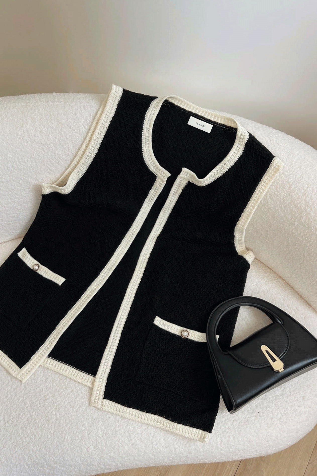 撞色滾邊織紋寬鬆背心