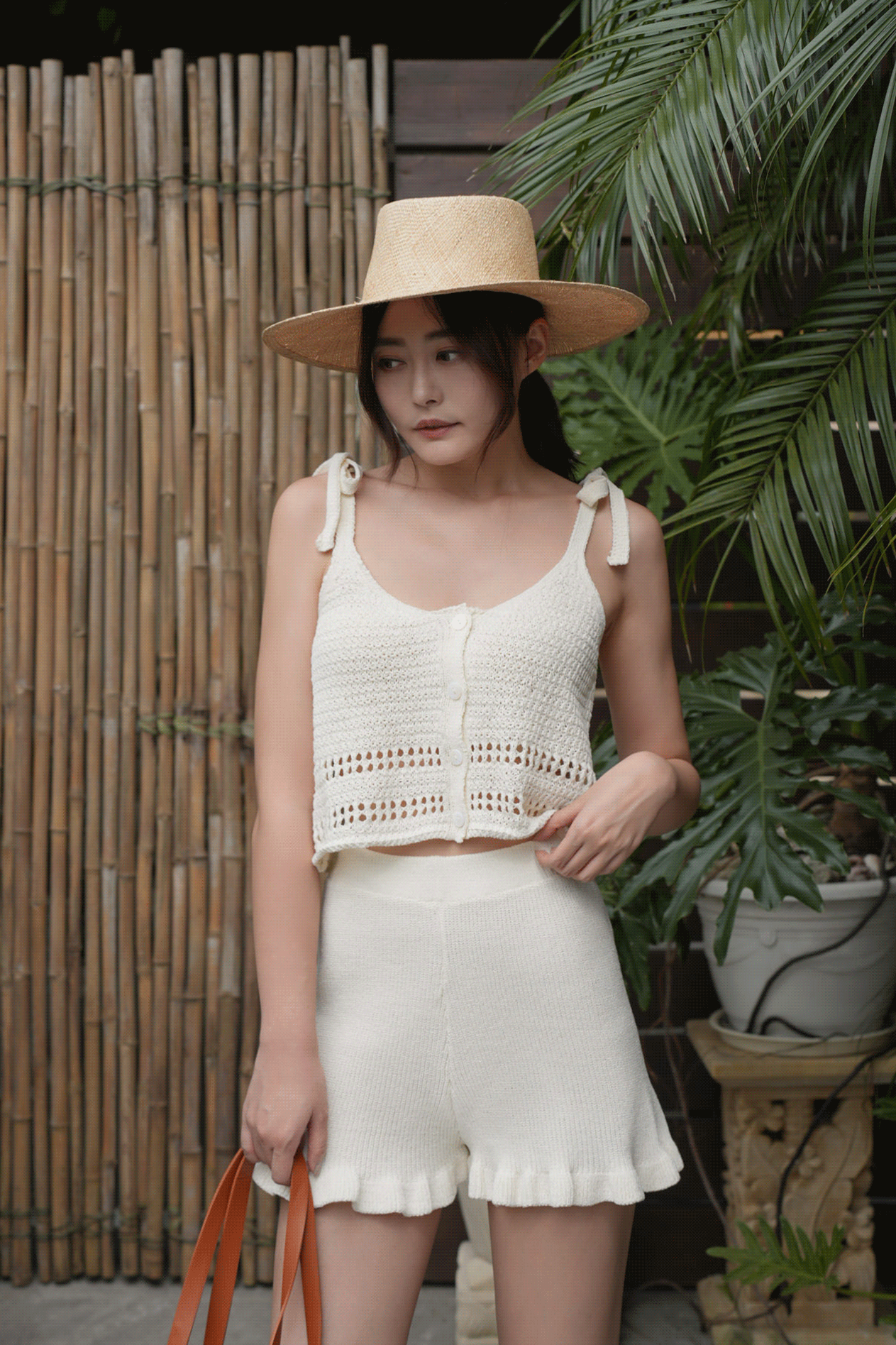 渡假風針織荷葉短褲