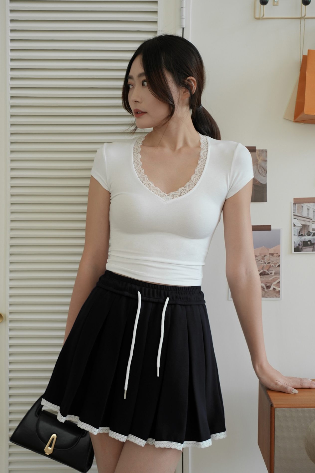 滾邊蕾絲棉質百褶短裙