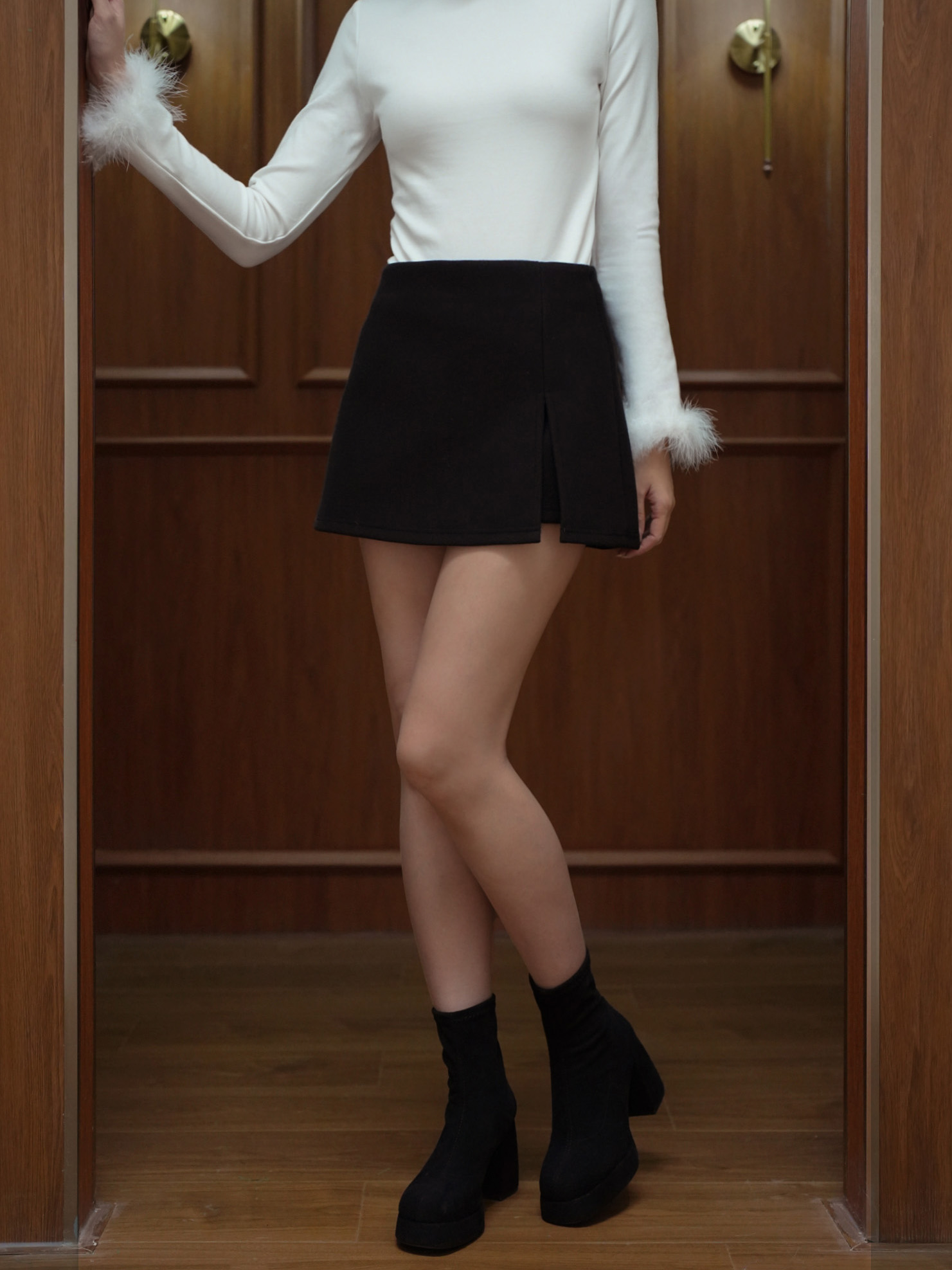 挺版毛呢開岔褲裙