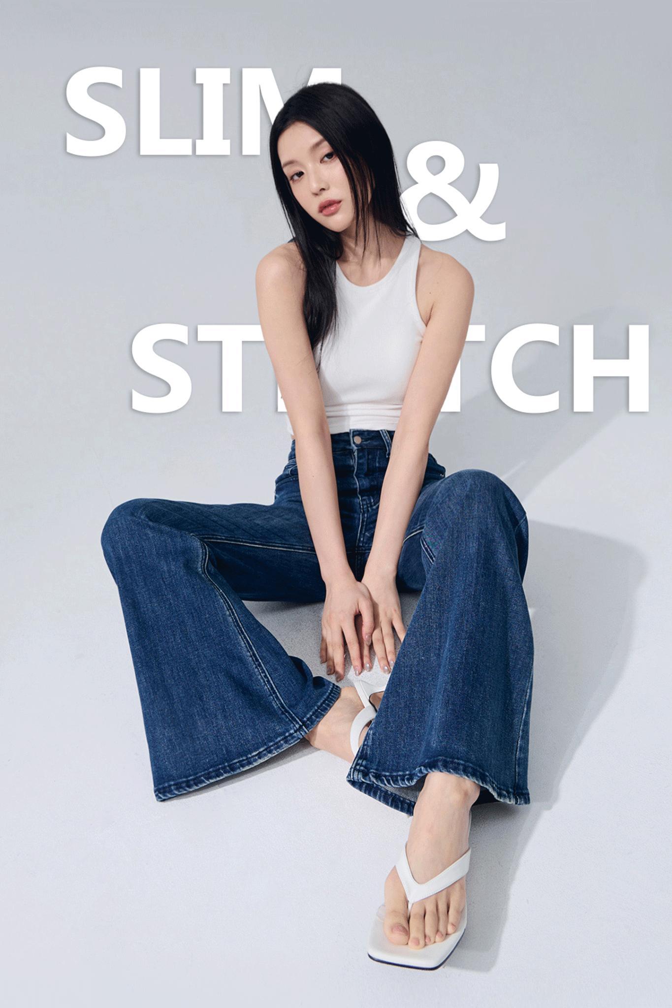 名模長腿彈力牛仔喇叭褲