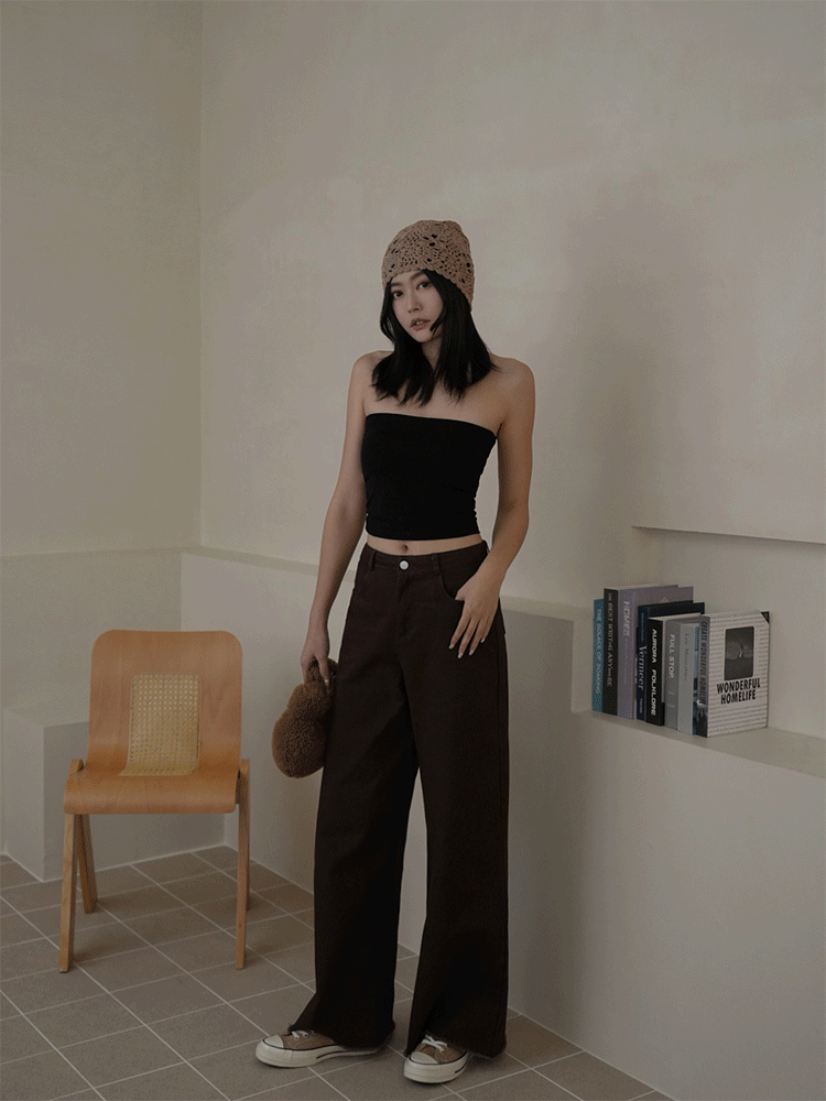 水洗牛仔不收邊寬褲