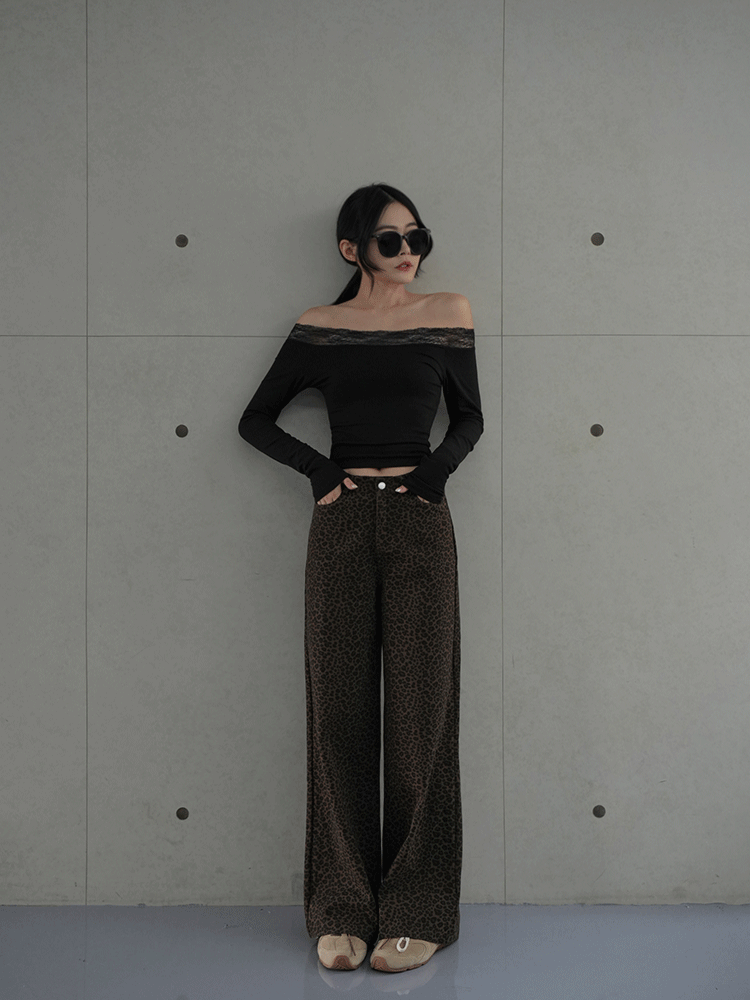 水洗豹紋直筒牛仔褲