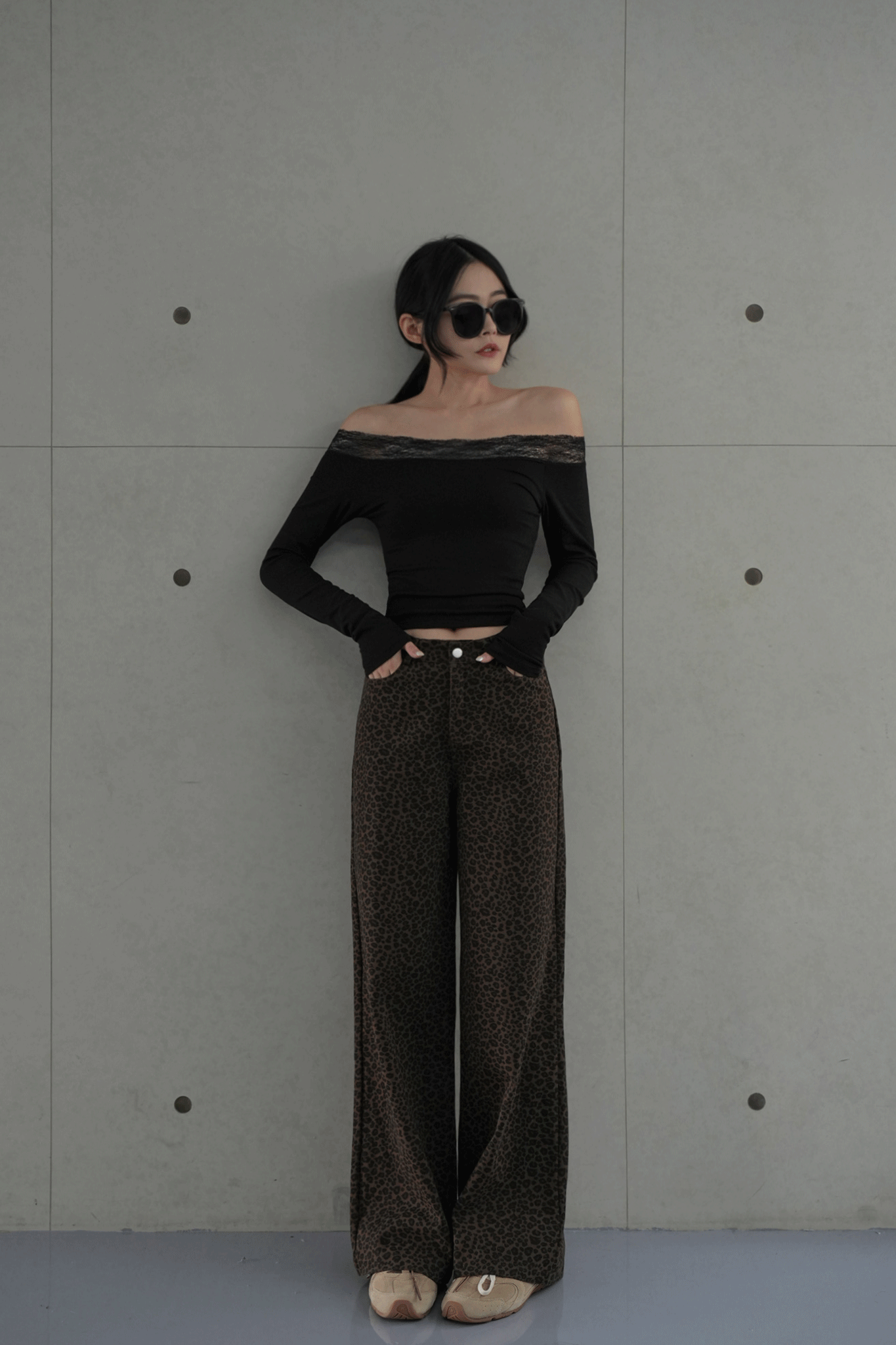 水洗豹紋直筒牛仔褲