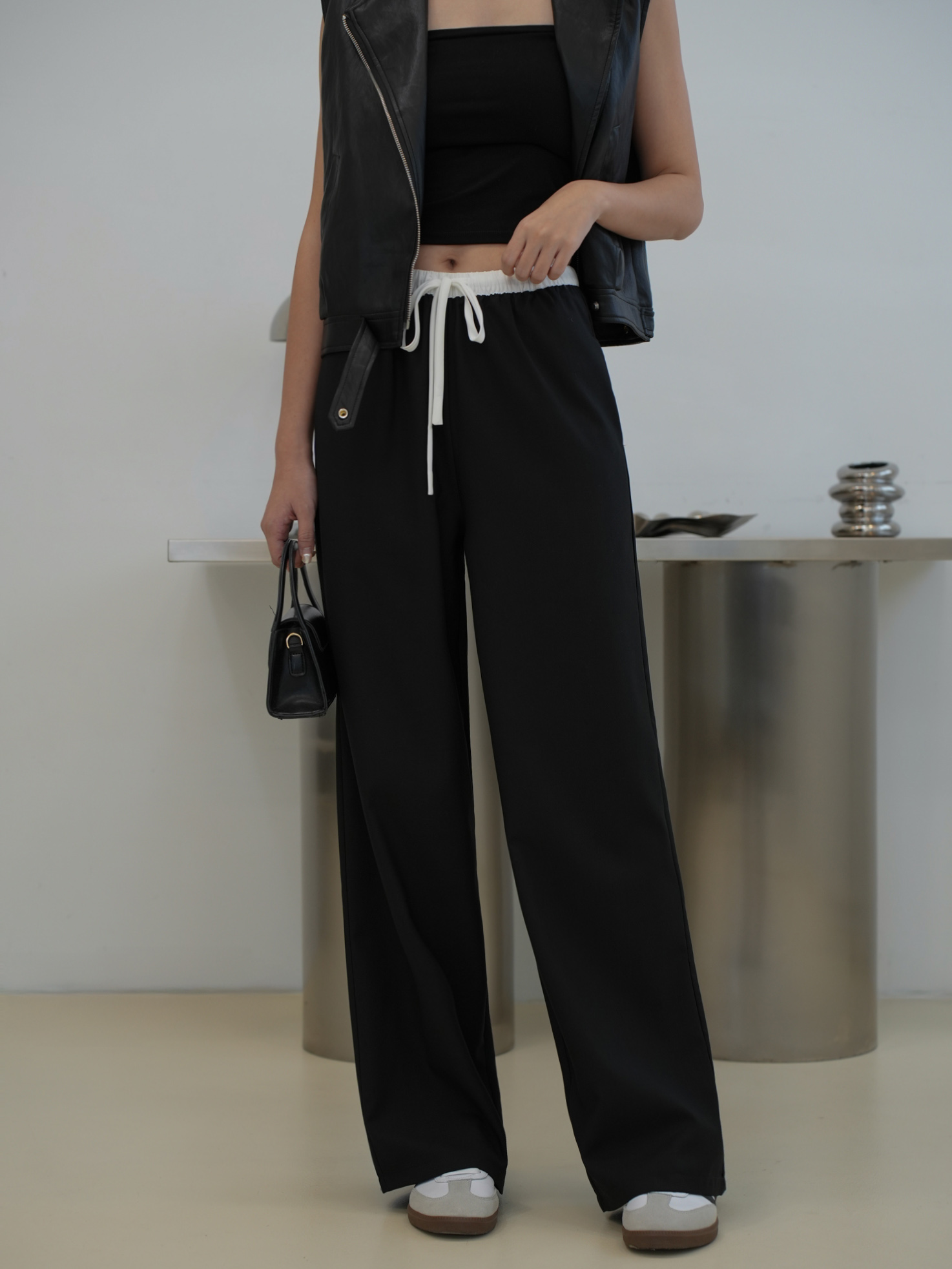 撞色腰頭抽繩西裝寬褲