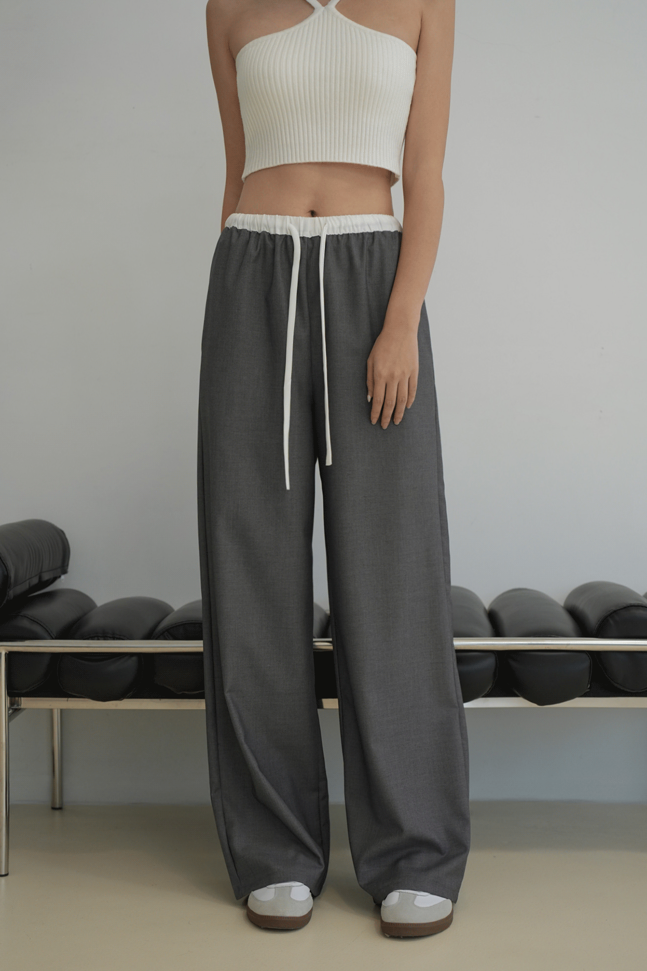 撞色腰頭抽繩西裝寬褲