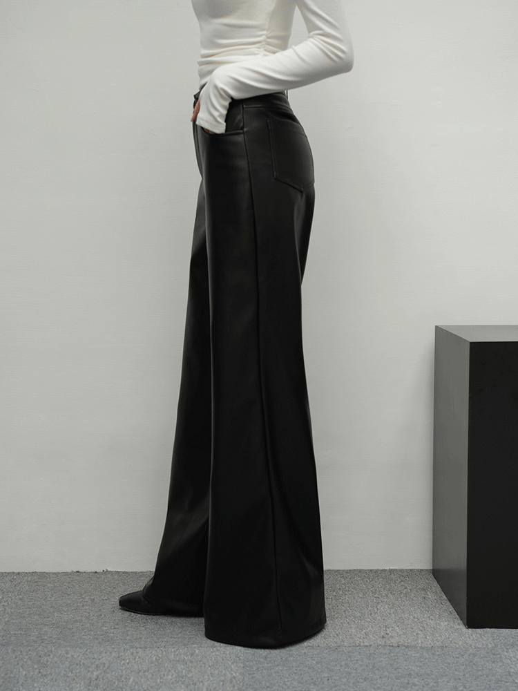 質感皮革長腿寬褲