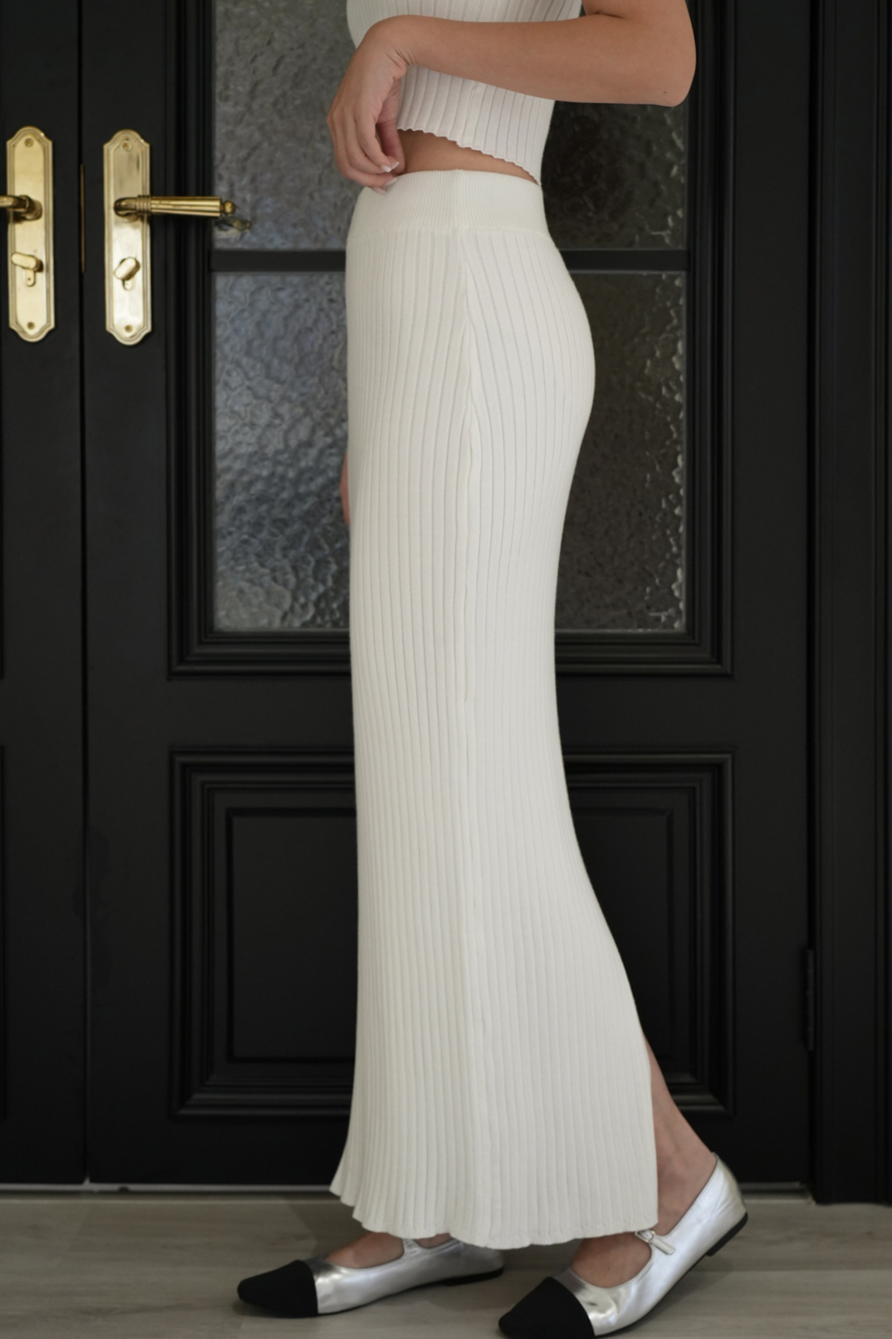 輕柔坑條針織直筒長裙