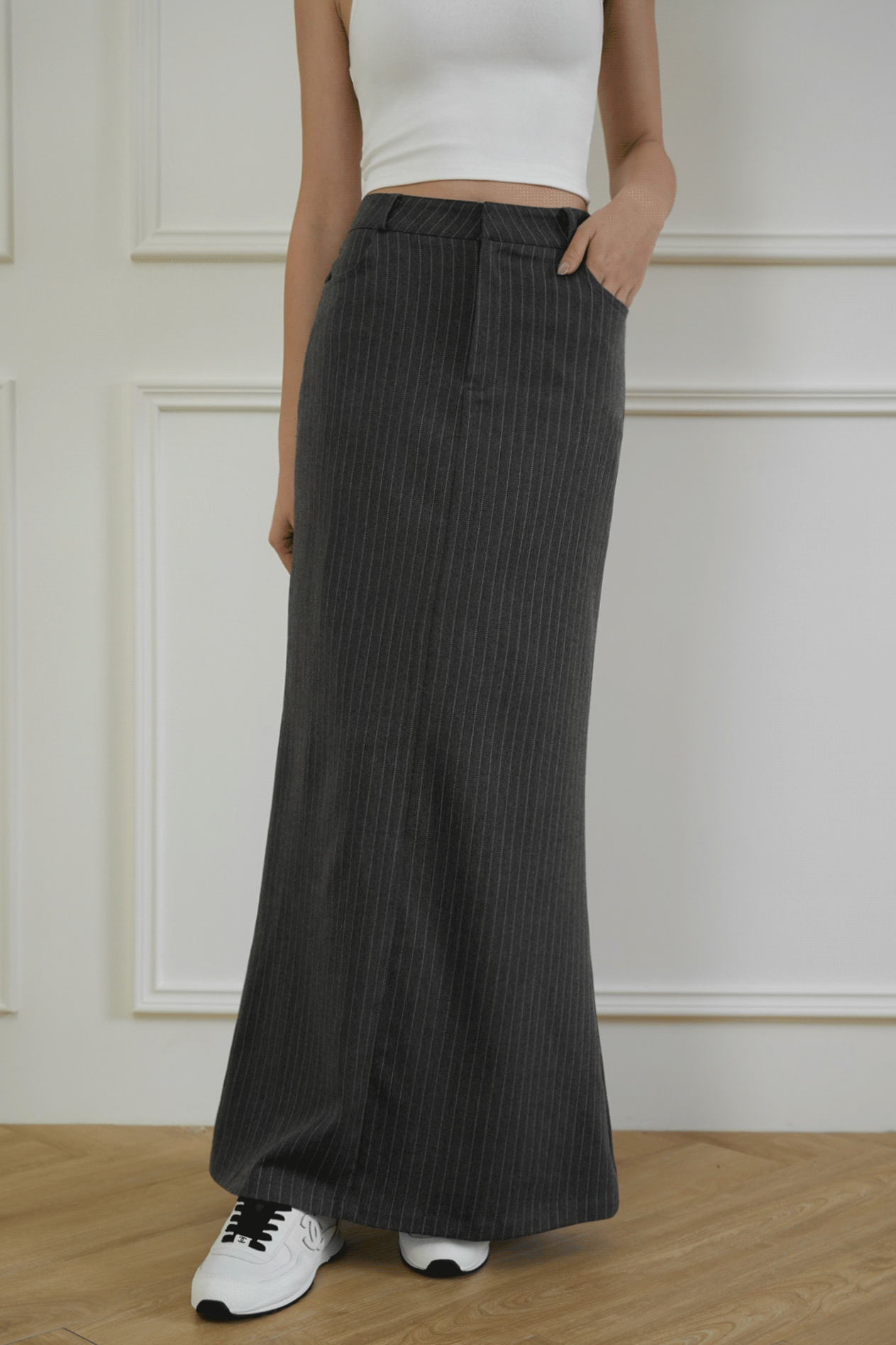 時髦條紋西裝魚尾長裙