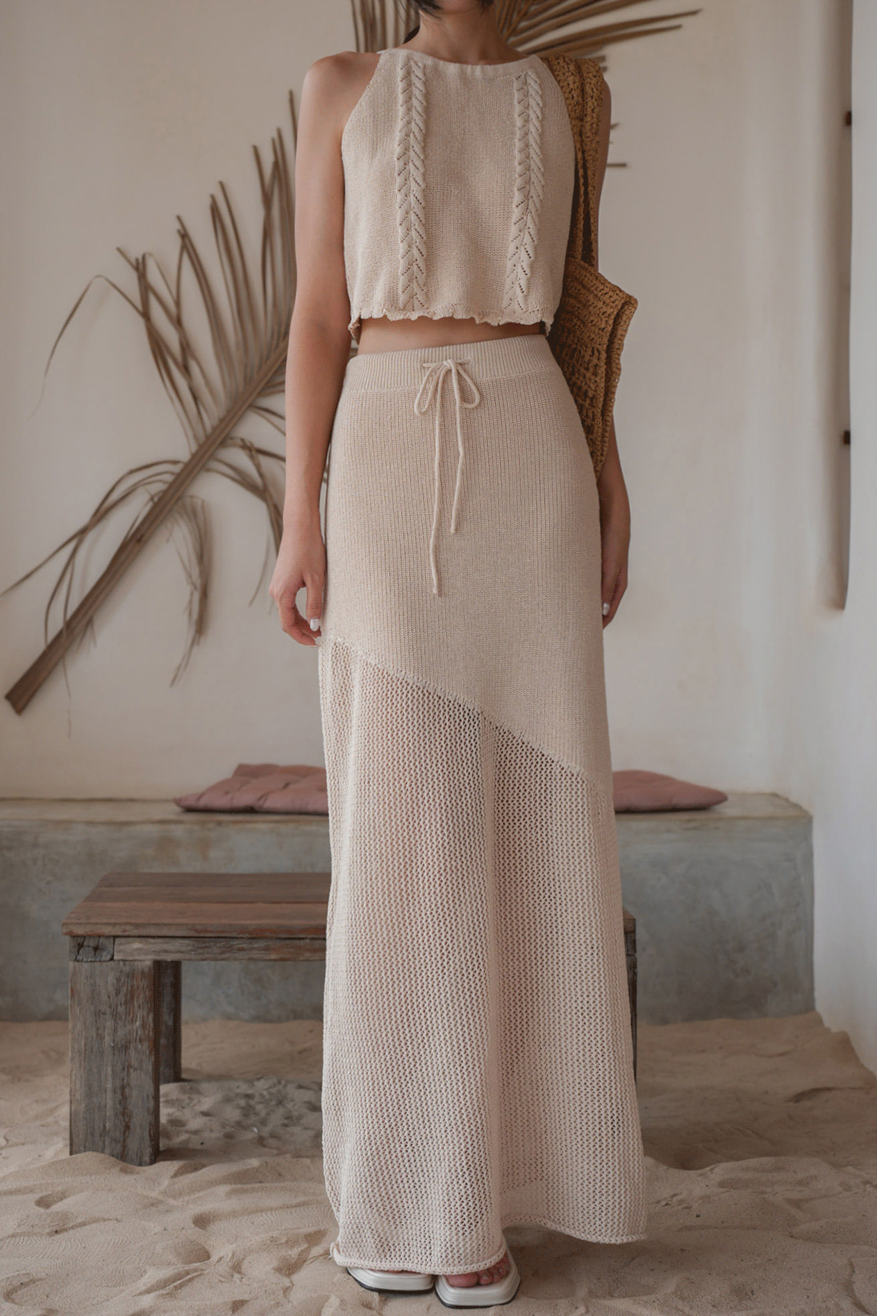 渡假風針織抽繩長裙