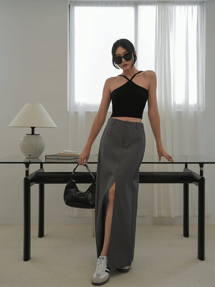 時髦開岔西裝長裙