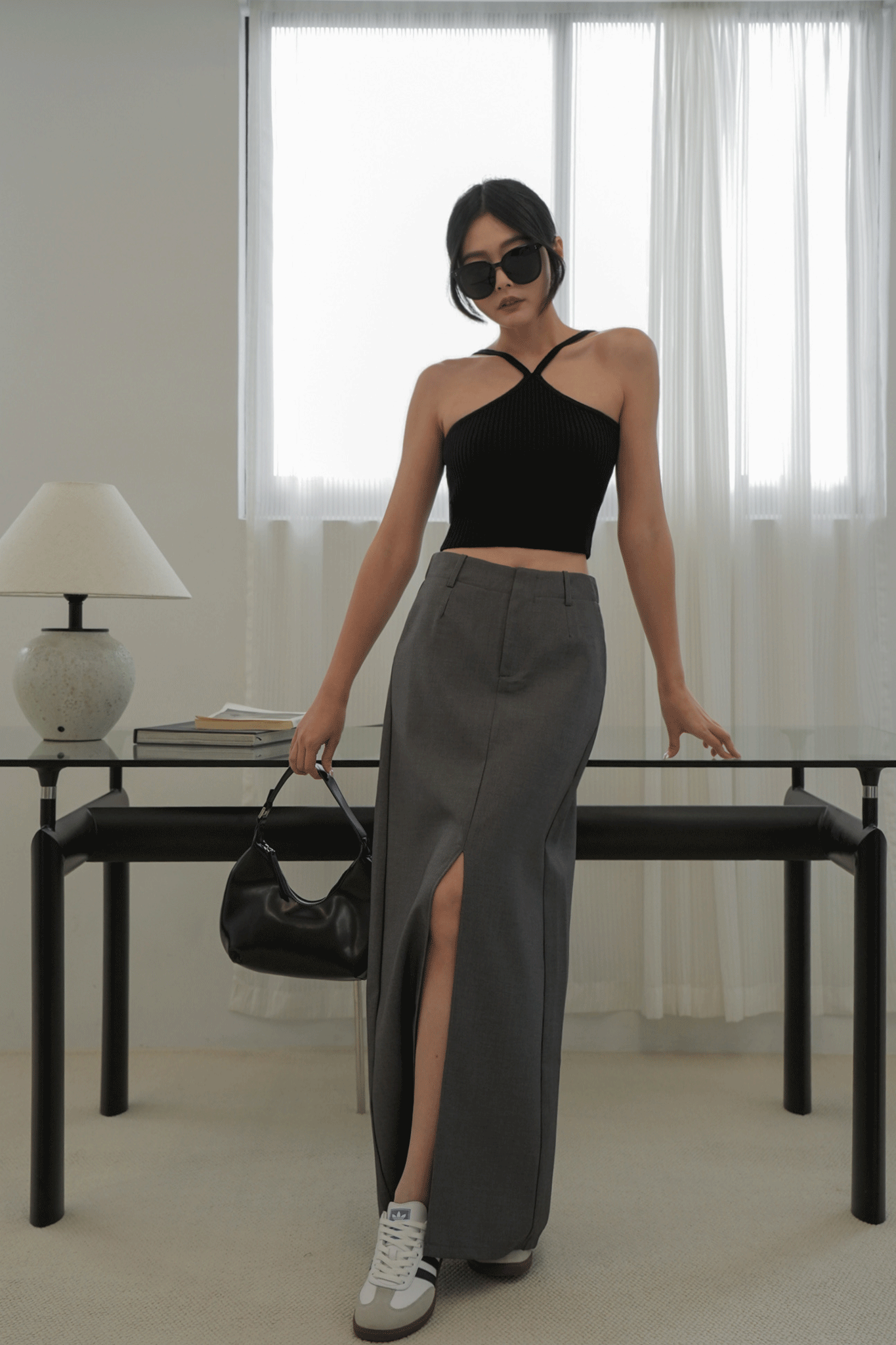 時髦開岔西裝長裙