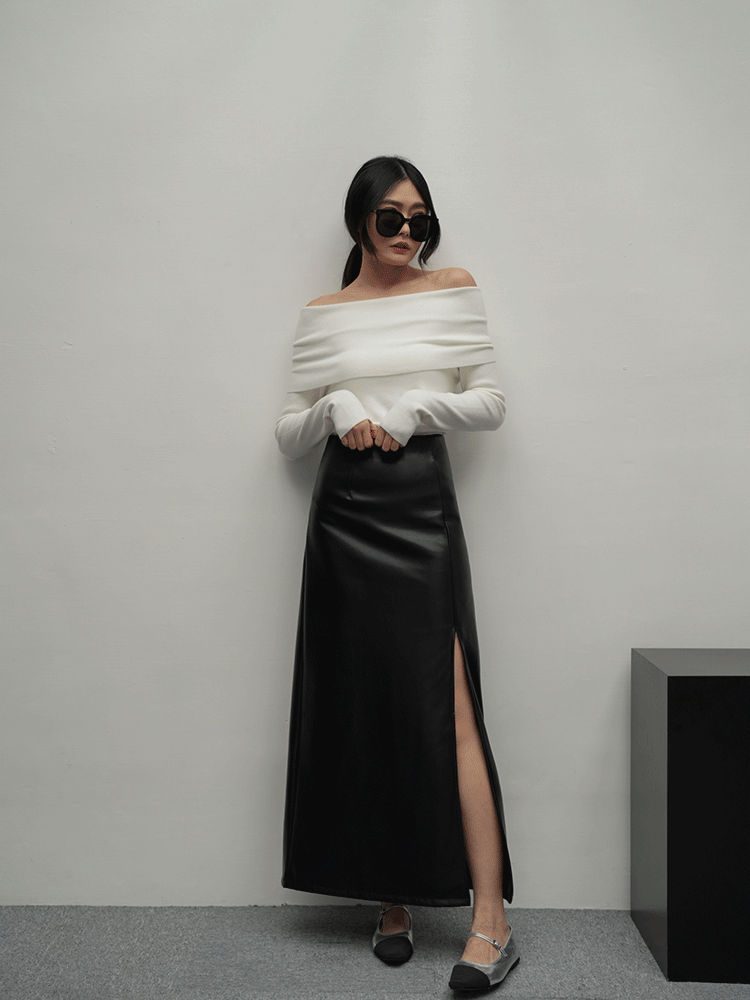 質感皮革開岔長裙