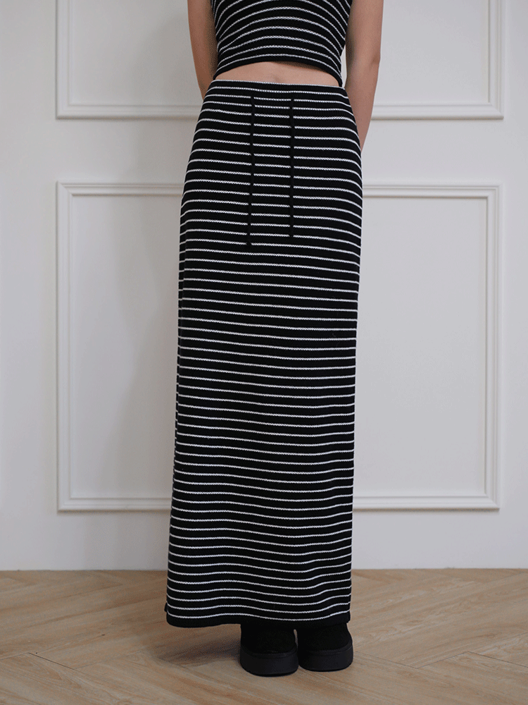 條紋針織抽繩長裙