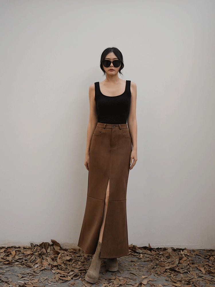 質感麂皮魚尾開岔長裙