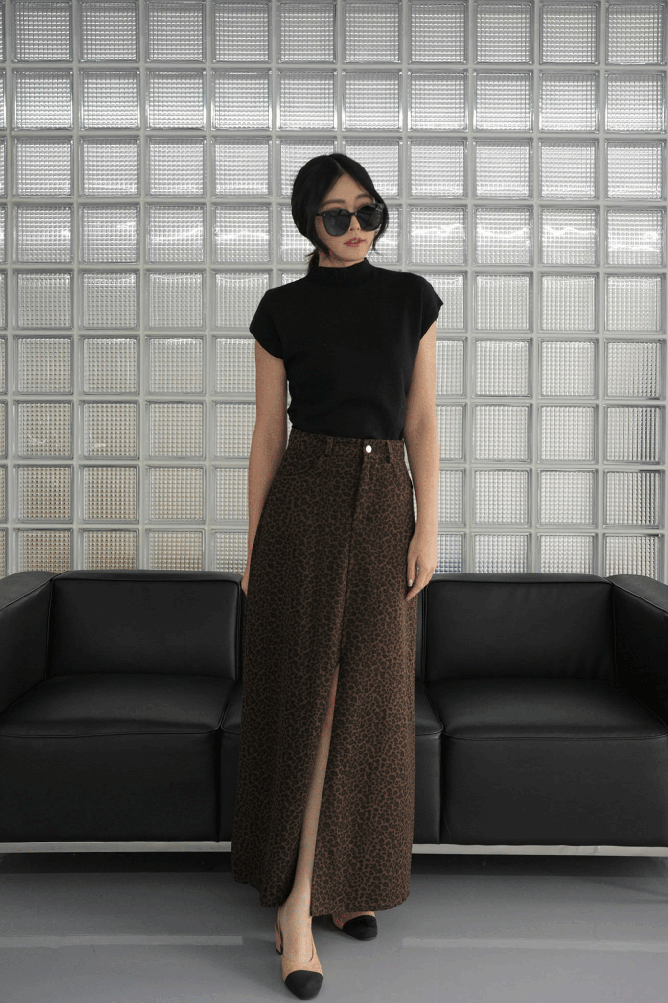 水洗豹紋傘擺前開岔牛仔裙