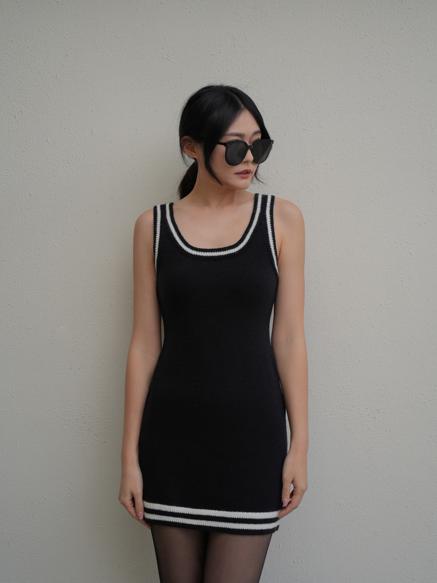 撞色北極絨針織短洋裝