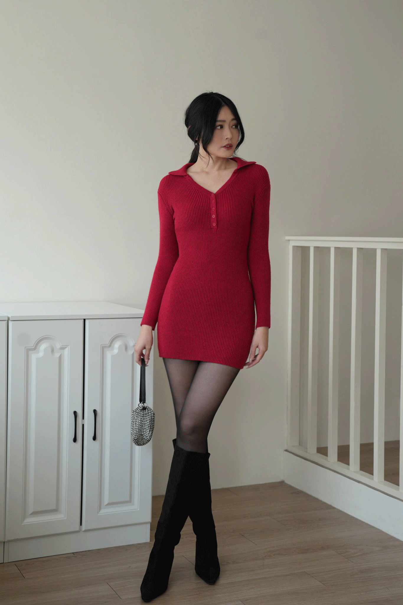 排釦針織短洋裝