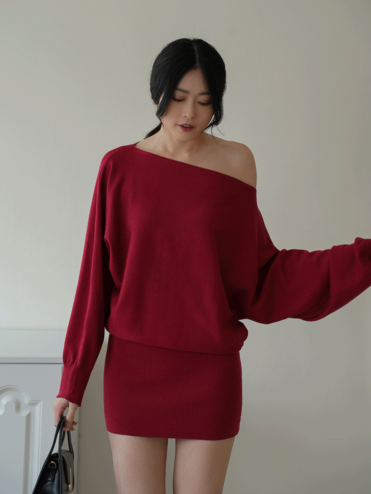 斜肩細針織短洋裝