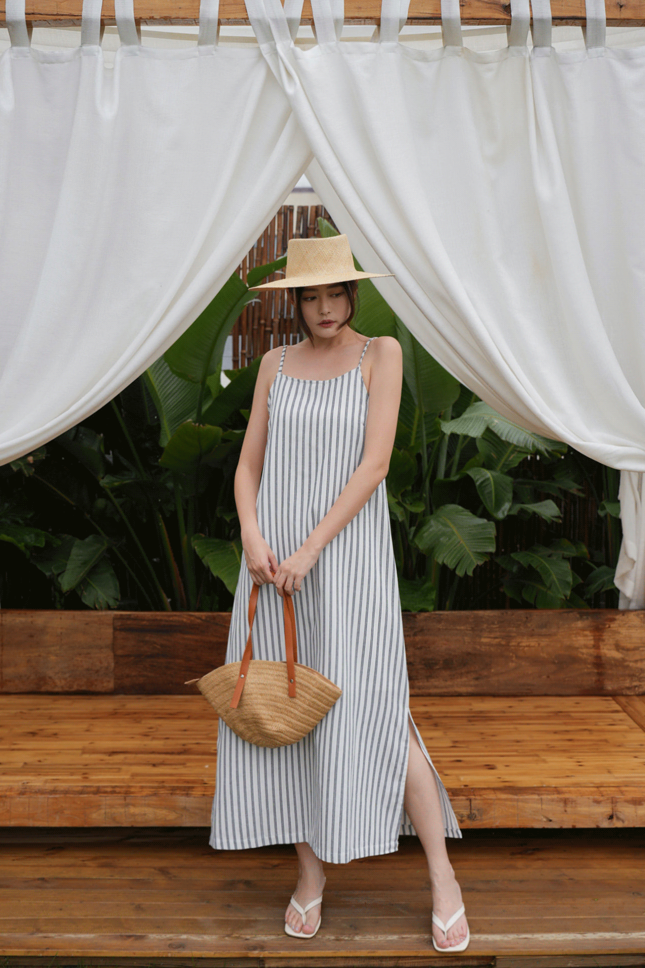 麻料條紋側開岔長洋裝