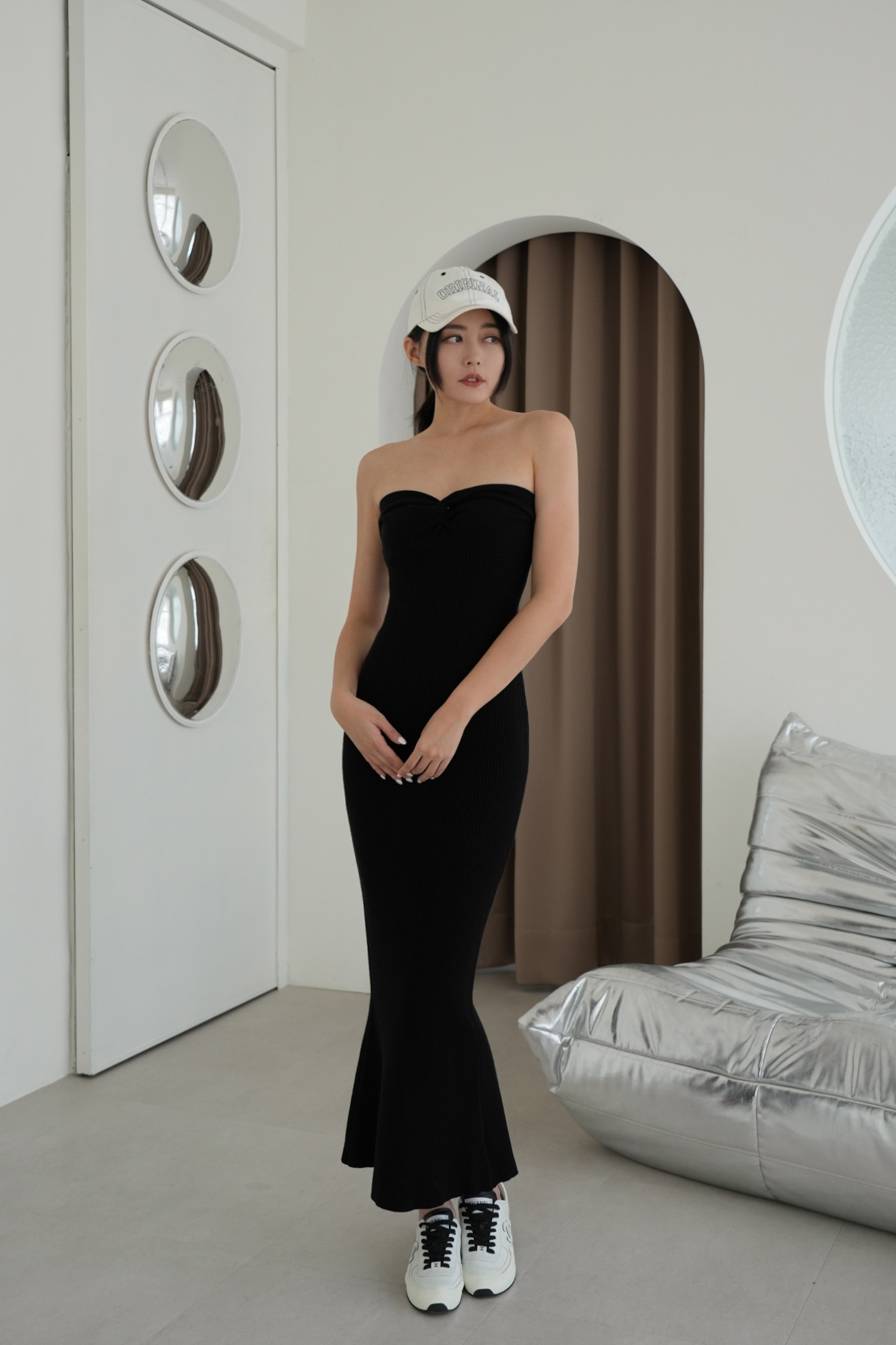 扭結平口針織魚尾長洋裝