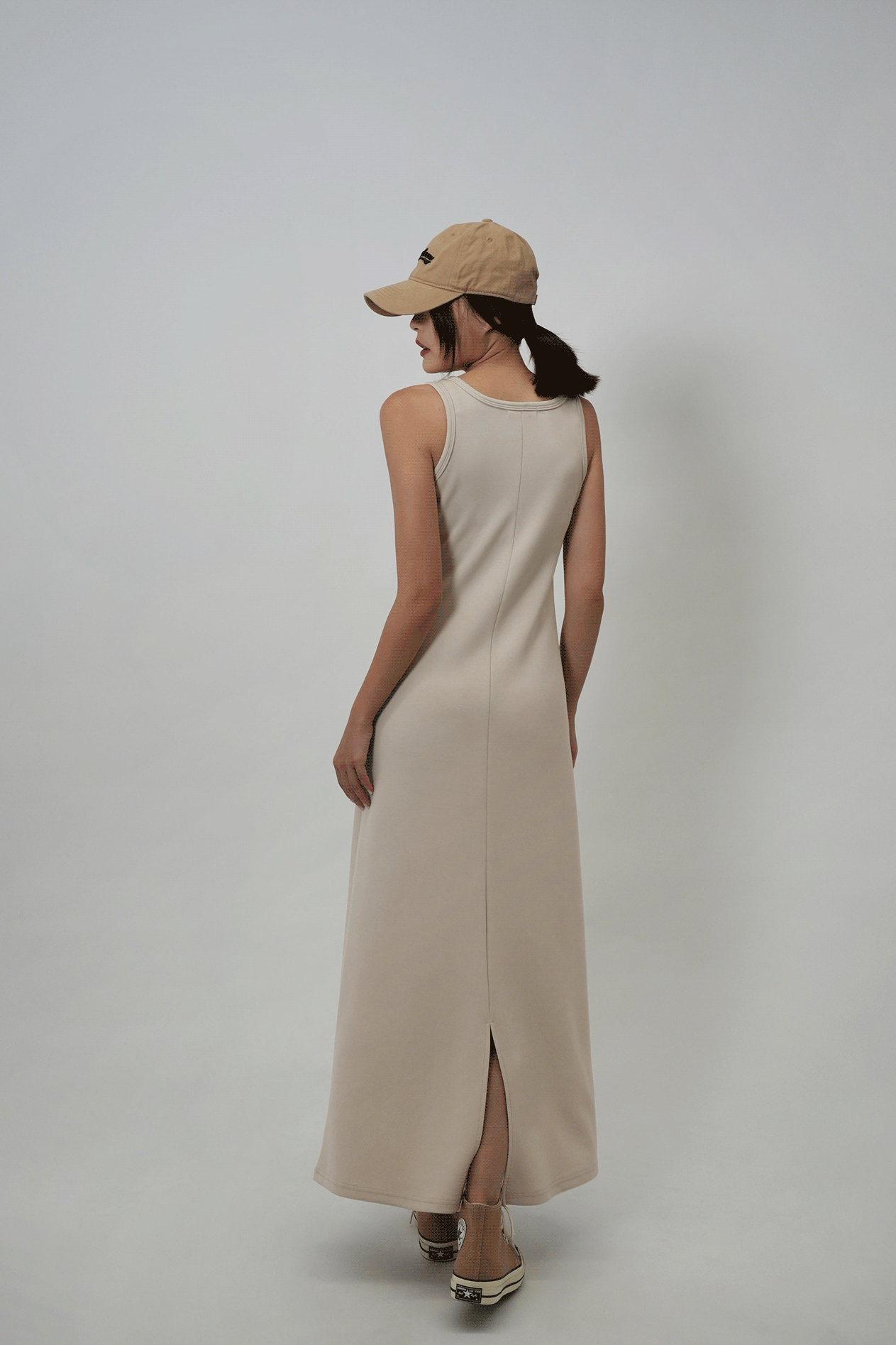 彈力空氣棉削肩長洋裝