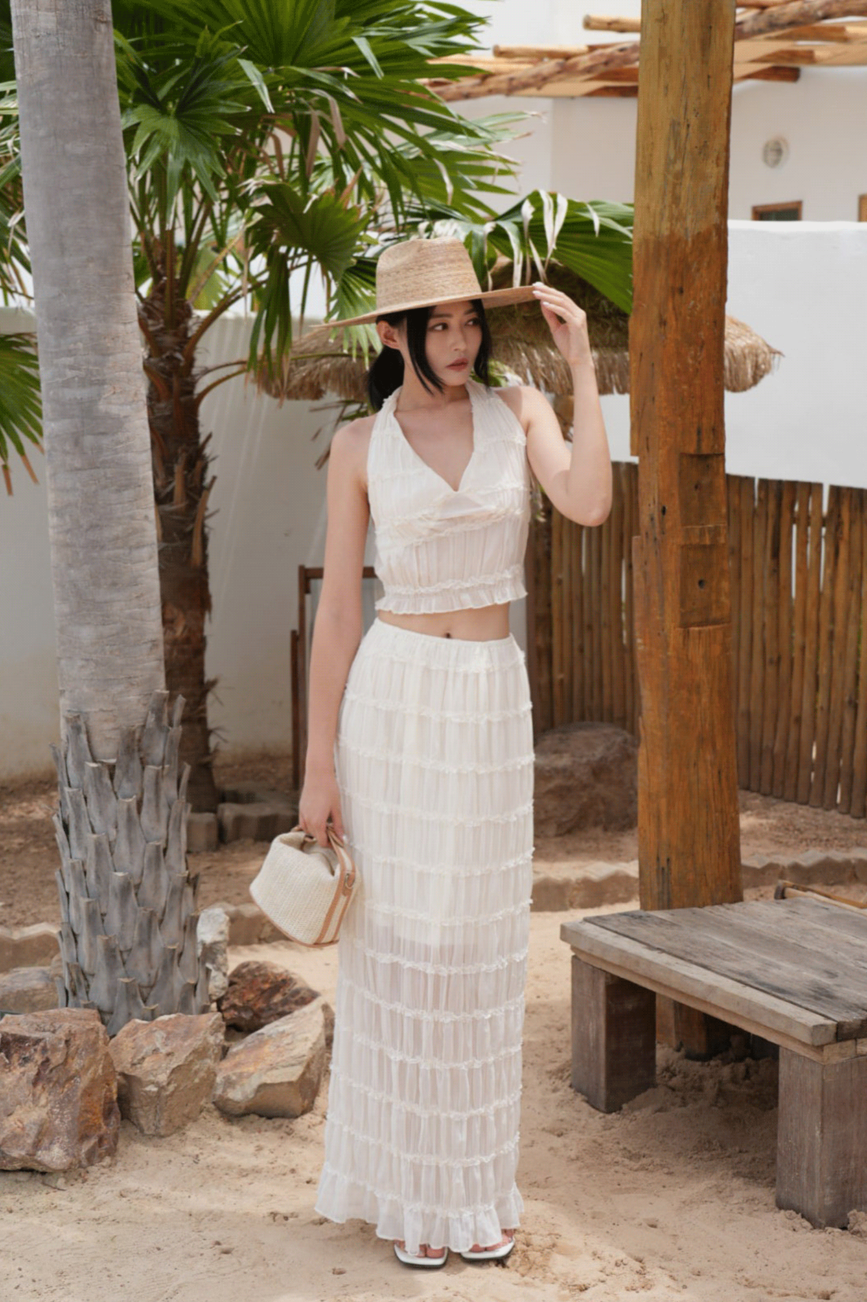 唯美壓紋背心長裙套裝