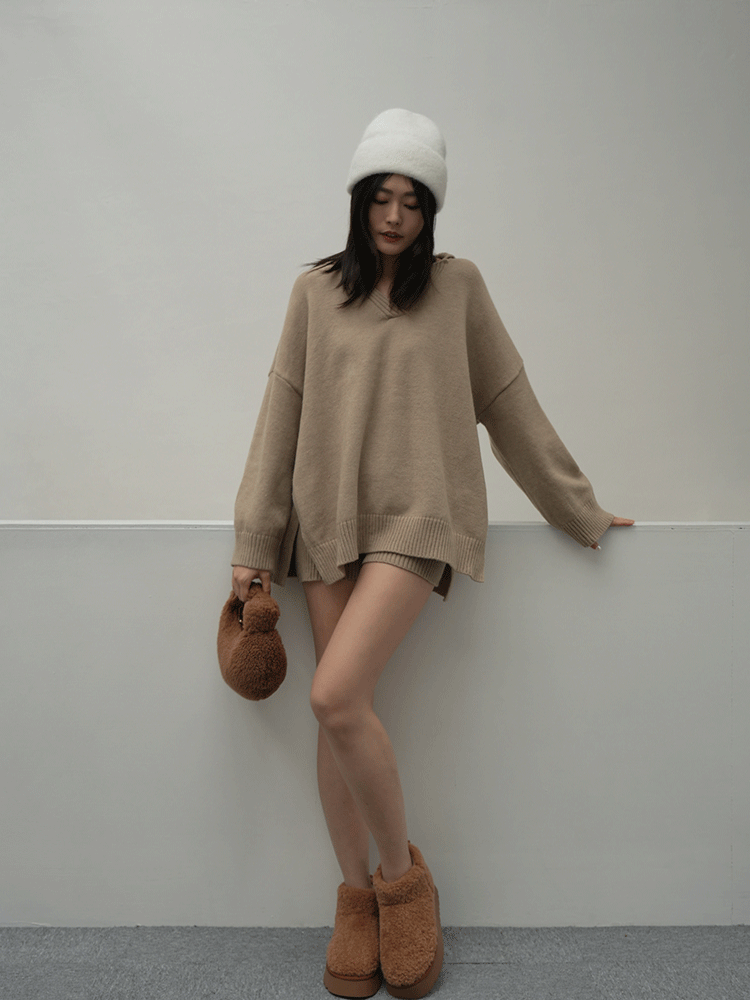 翻領毛衣短褲針織套裝