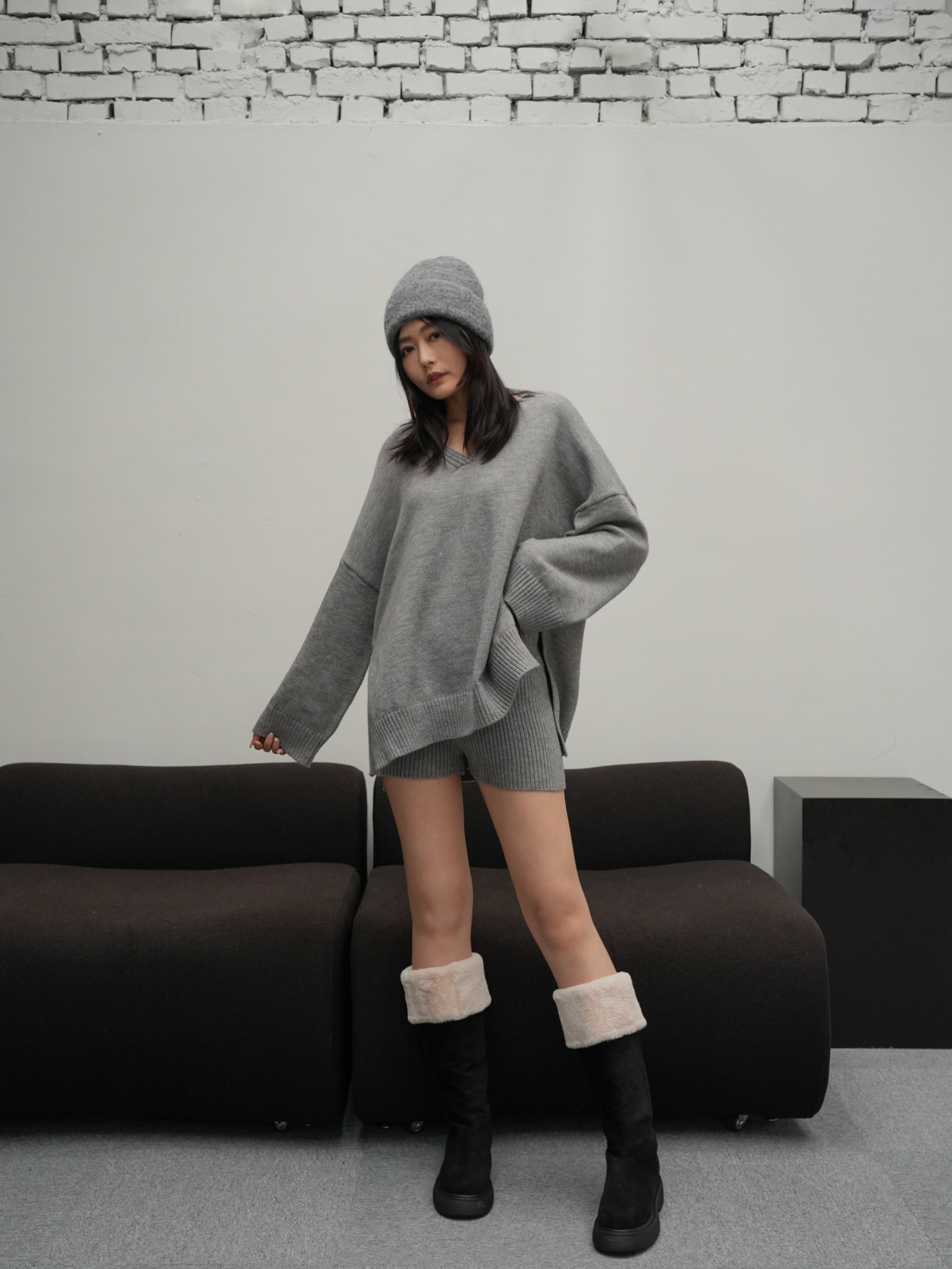 翻領毛衣短褲針織套裝