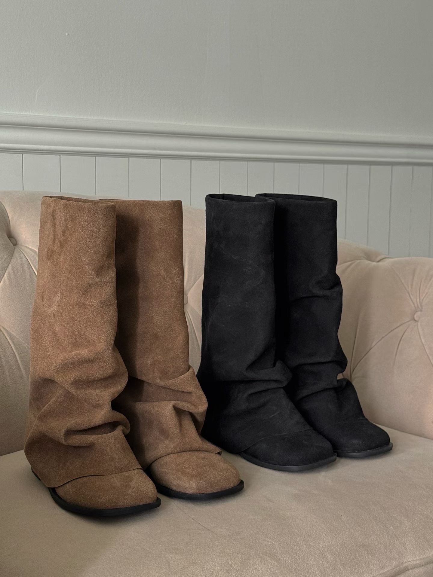 韓國時髦麂皮襪套長靴