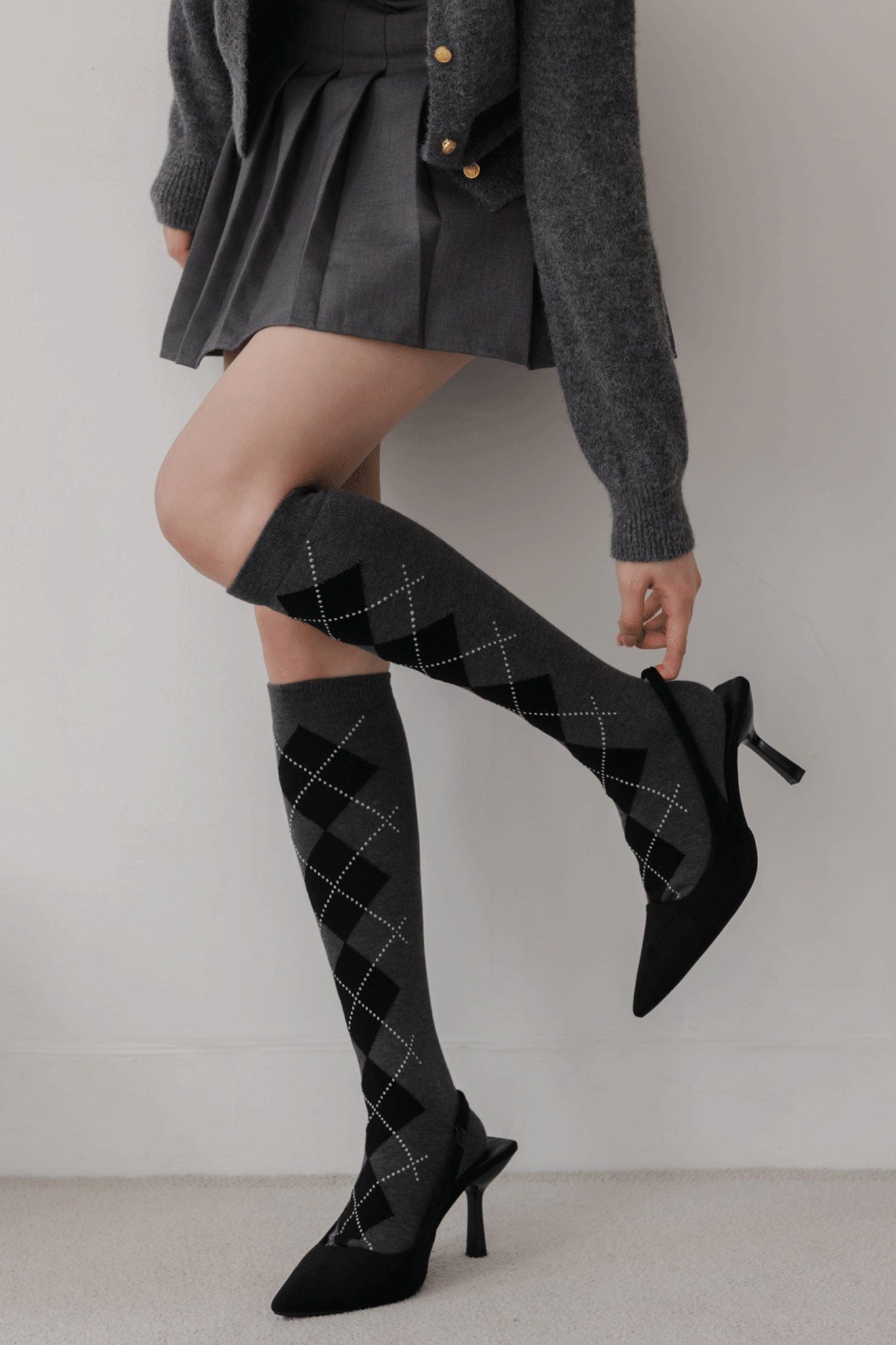 復古菱格小腿襪